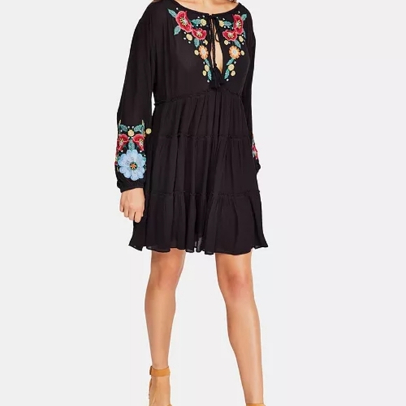 Free People Spell On You Black Floral Embroidered Boho Peasant Sz. XS (XL) Dress - Picture 1 of 16